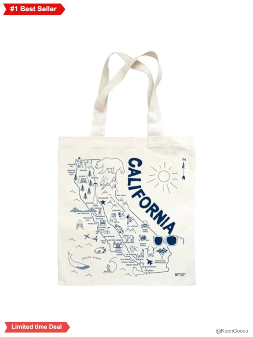 Reusable Cotton Canvas Grocery Tote Bag Map Print 15x14 USA Made